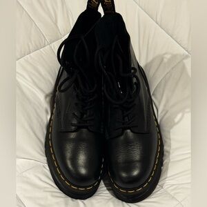 Dr. Martens Black Leather Boots with Yellow Stitching